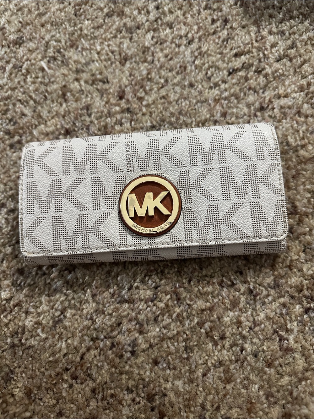 Michael Kors Beige White MK Logo Continental Wallet with Gold Emblem